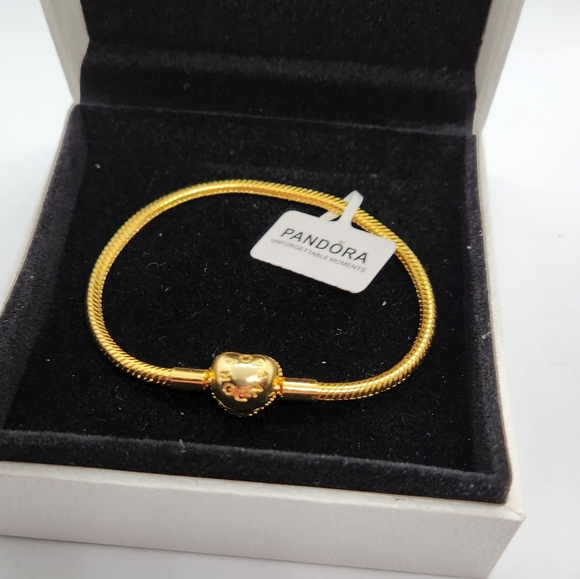Pandora Moments 14k Golden Plated Sparkling Heart Claps Snake Chain Bracelet 7.1 - Picture 7 of 8